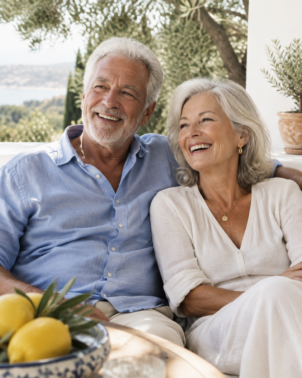 A retired couple relaxing together on a sunlit Mediterranean terrace