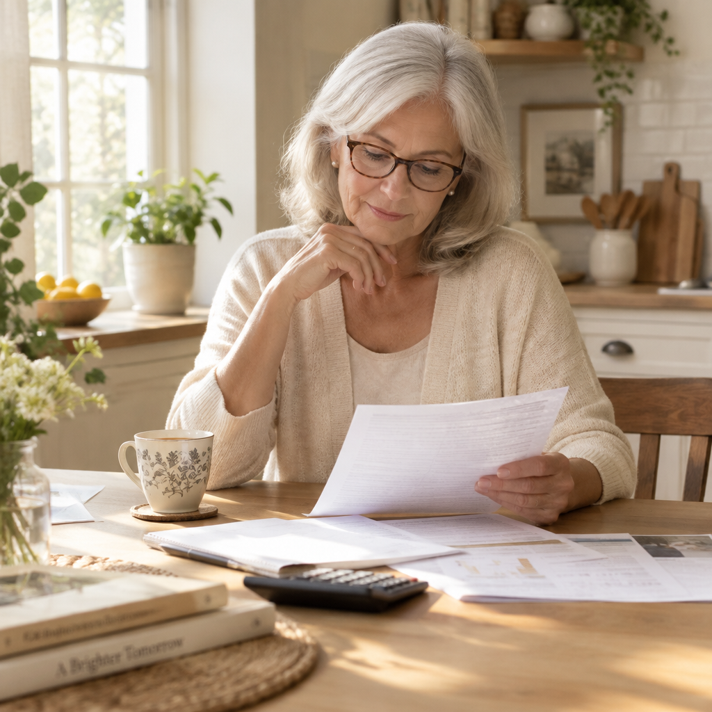 A retired woman reviewing her financial documents at a sunlit kitchen table